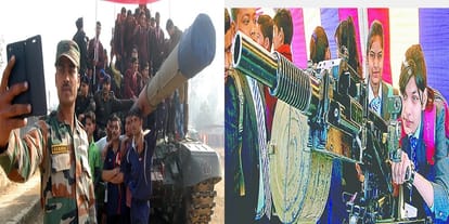 People on patriotic songs, everybody watching the army arms thrilled