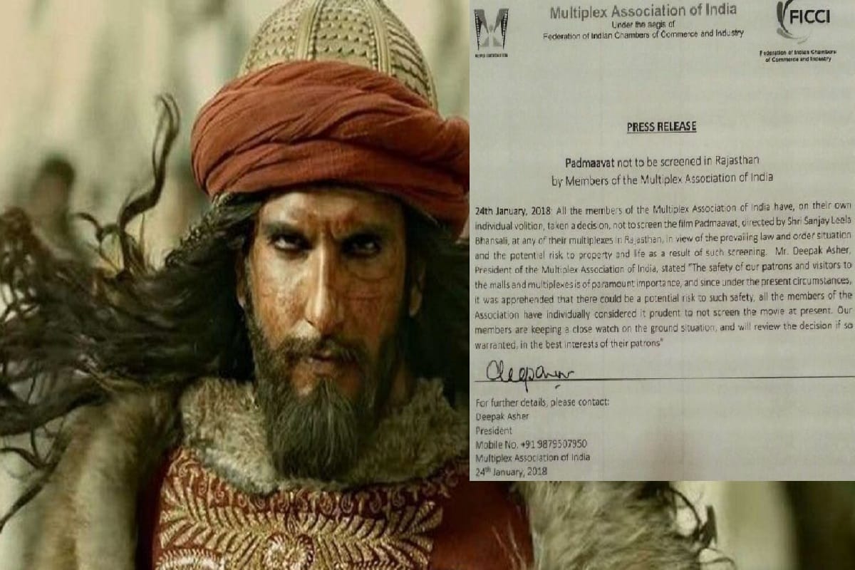 padmavat not to be screened in rajasthan, decided by multiplex association of india