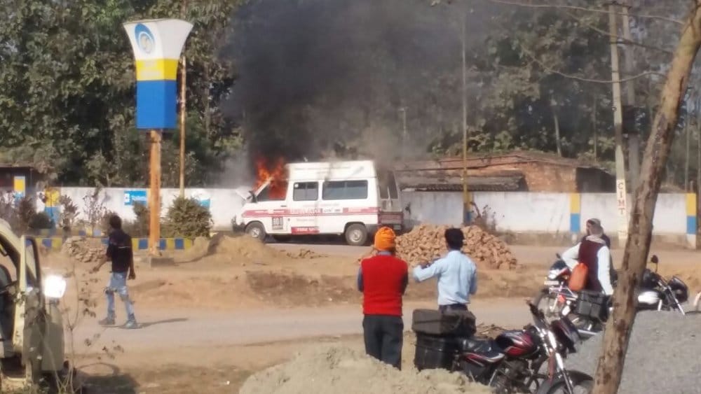 lit fire in ambulance