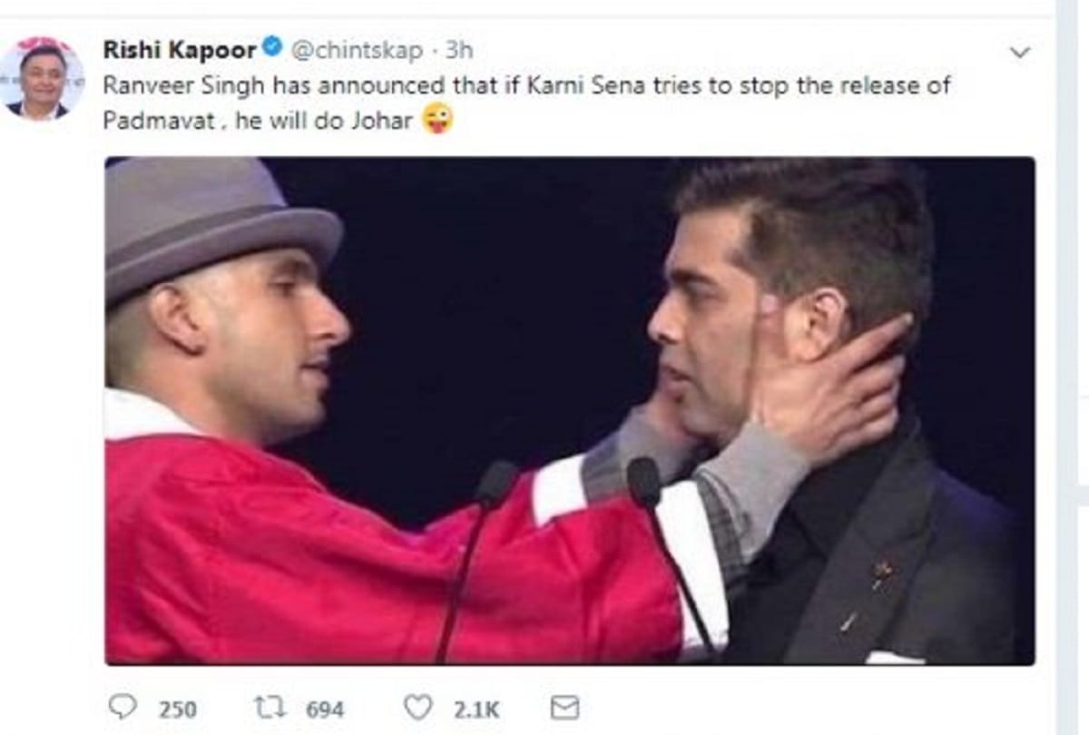 actor rishi kapoor makes joke on ranveer singh and karan johar for padmaavat