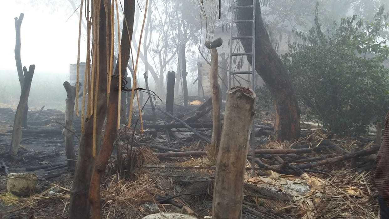 two huts caught fire