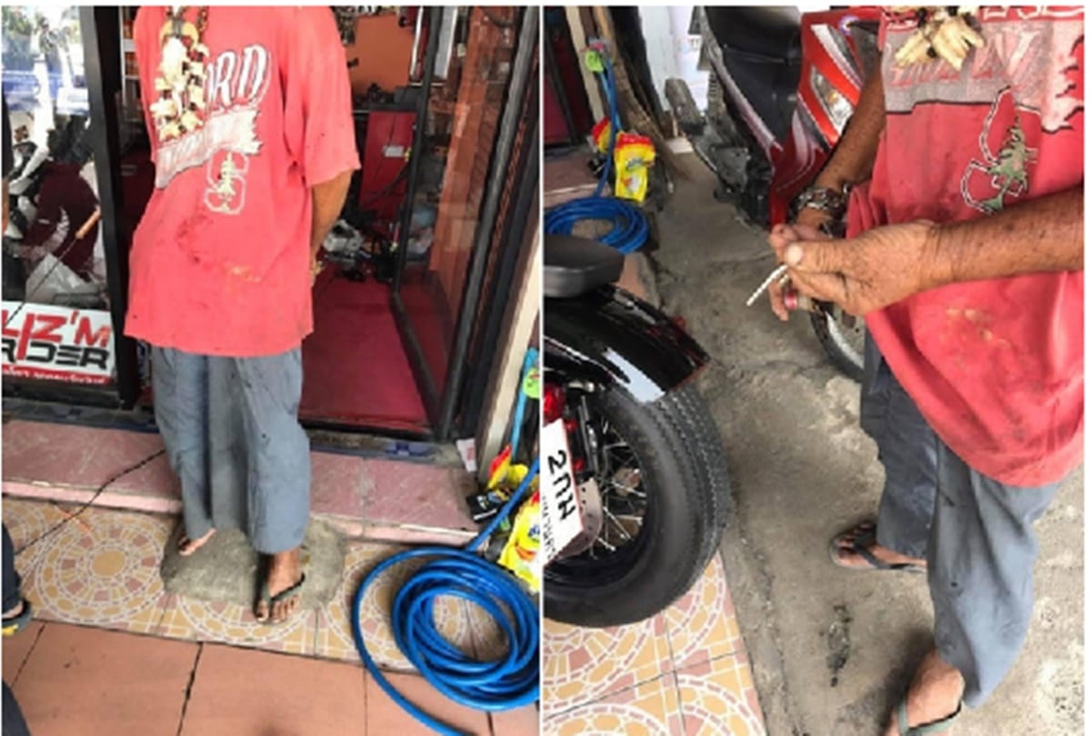 Thailand man running away from showroom just because of he looks like a beggar
