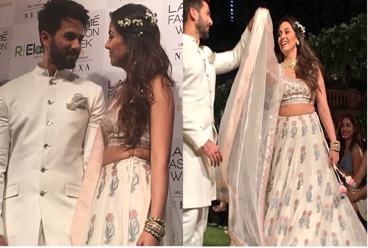 Shahid kapoor and Mira Rajput walk the Ramp for designer Snita Dongre at Lakme Fashion Week 2018