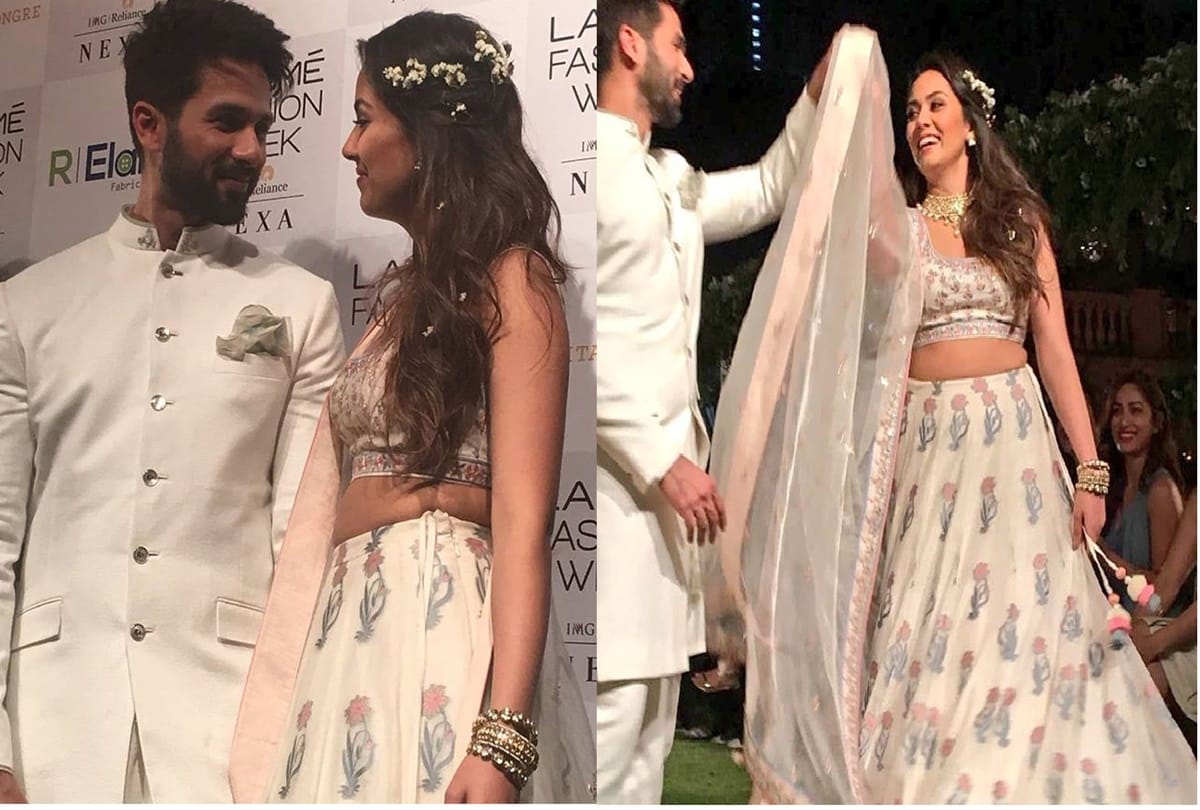 Shahid kapoor and Mira Rajput walk the Ramp for designer Snita Dongre at Lakme Fashion Week 2018