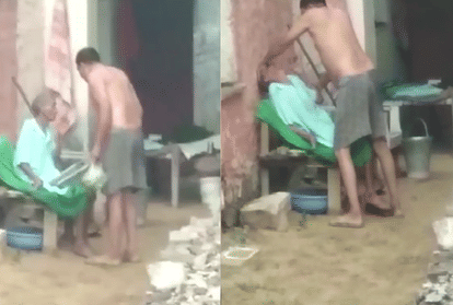 viral video in rajasthan-  mother beaten by son in alwar