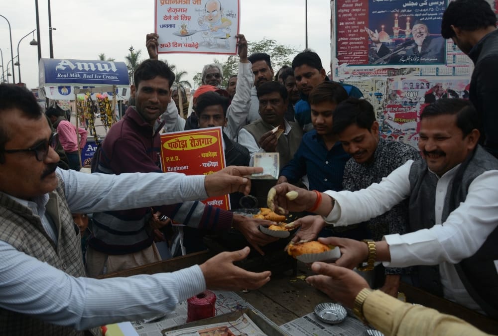 unemployed youngsters sell pakoda in lucknow to protest pm modi remark.