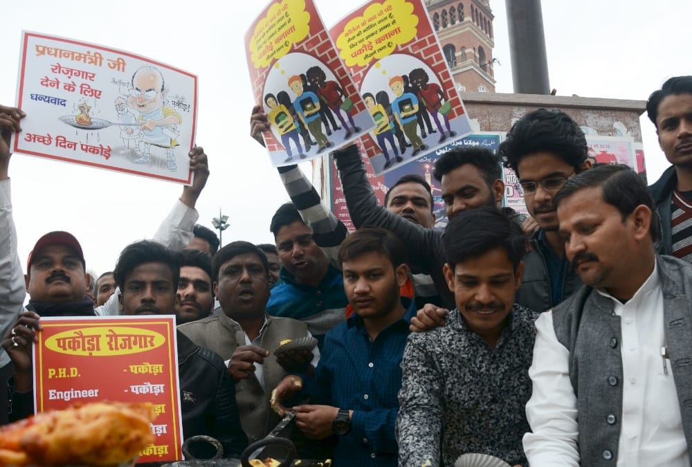unemployed youngsters sell pakoda in lucknow to protest pm modi remark.