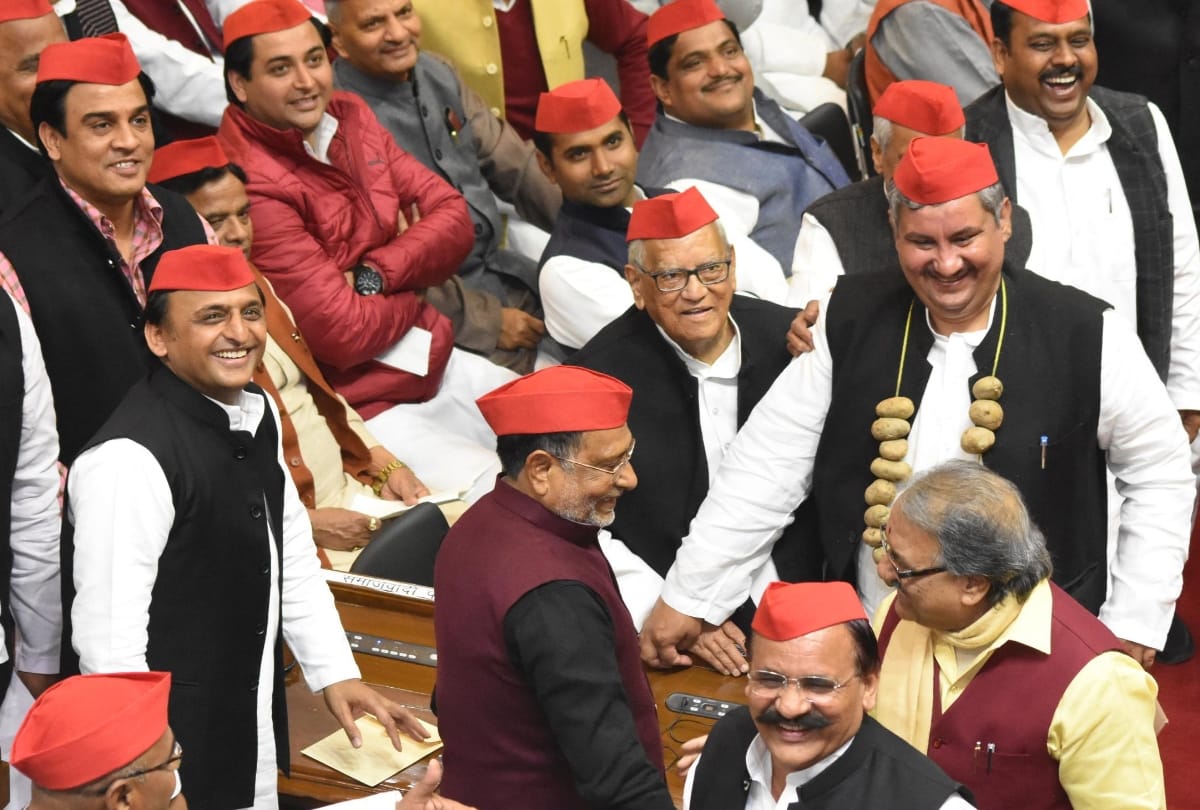 samajwadi leader protest with balloon and potato mala