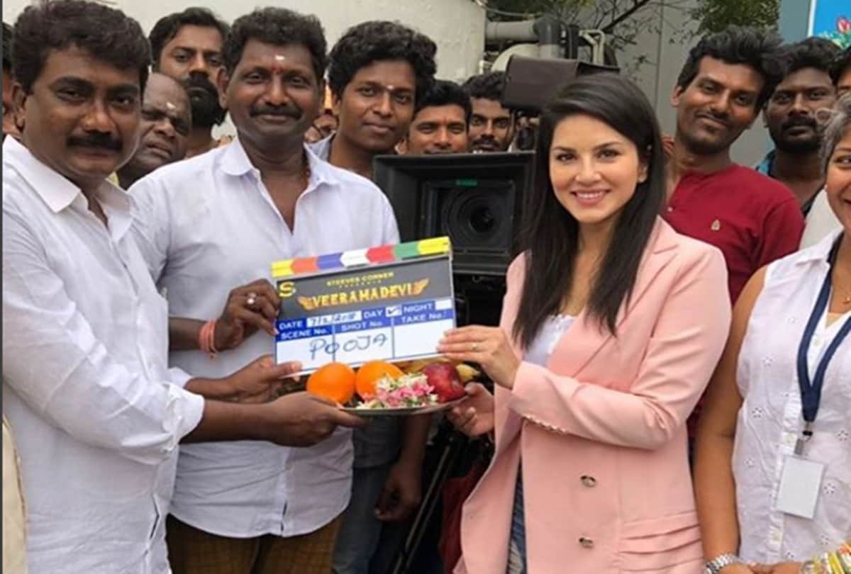 Sunny Leone has started shooting her Telugu film Veeramadevi
