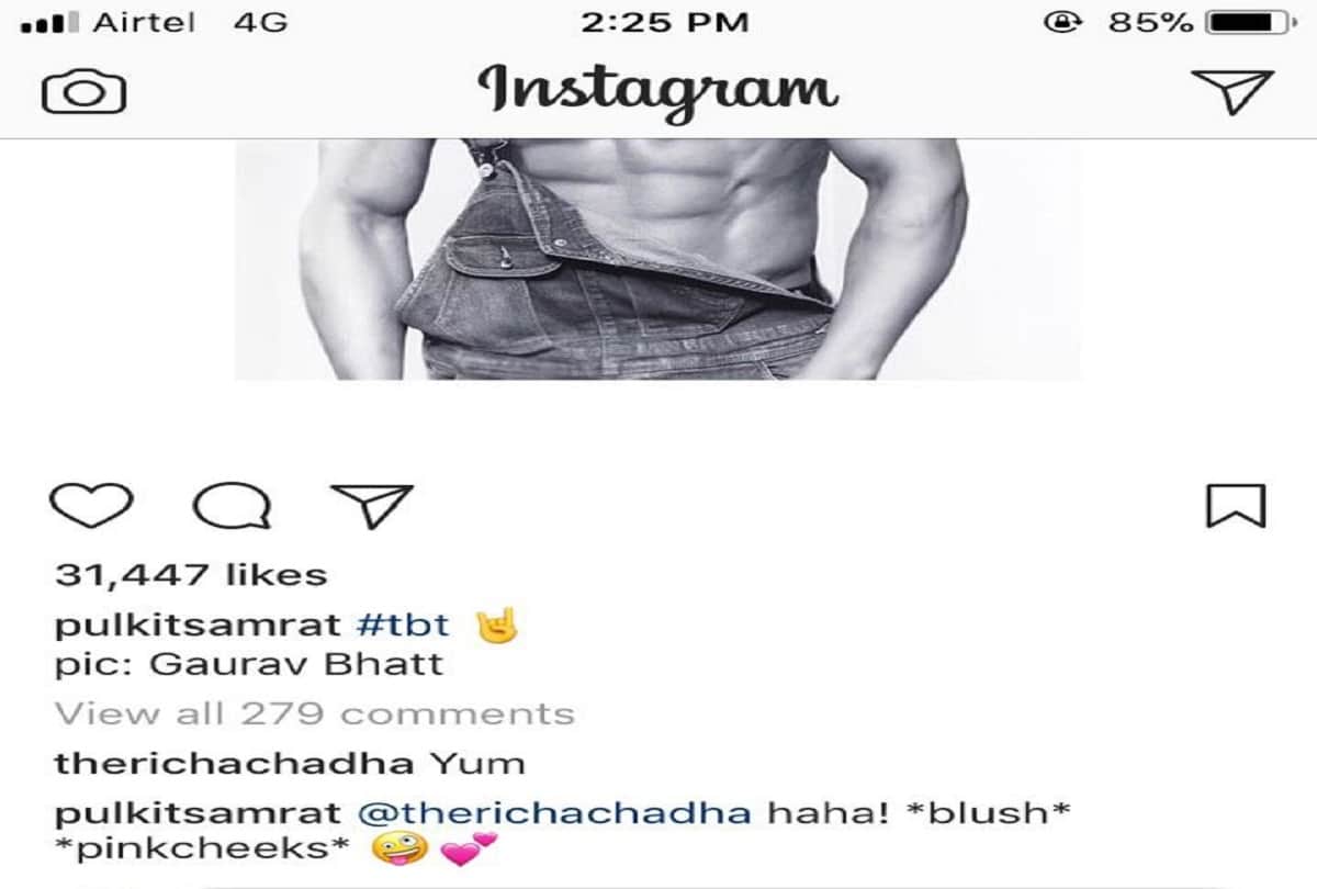  richa chadda comments on pulkit samrat photo on instagram