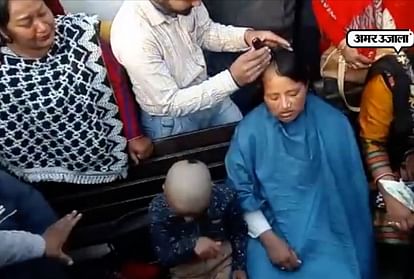 Guest teacher protest against govt in karna wife of shaved her head