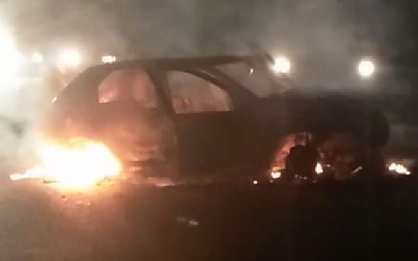 Car catches fire as after tractor hits it