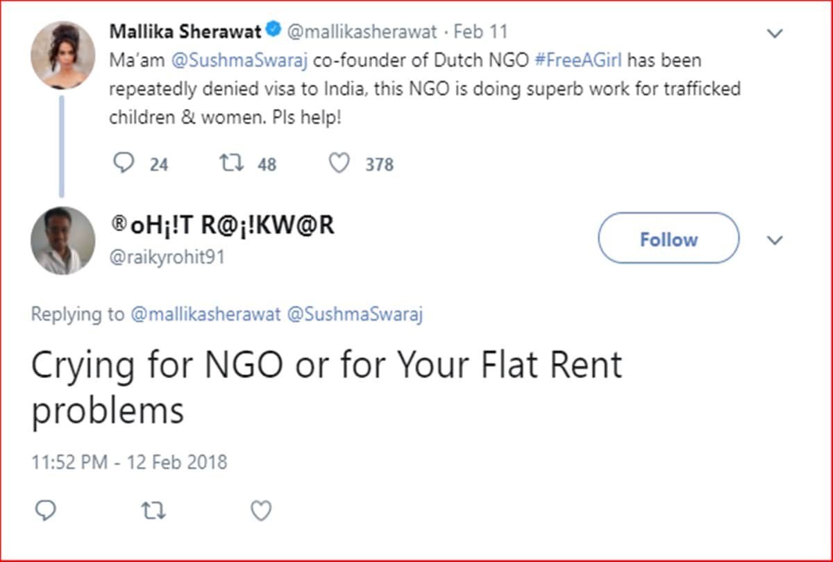 Mallika sherawat asked help of Sushma Swaraj on twitter