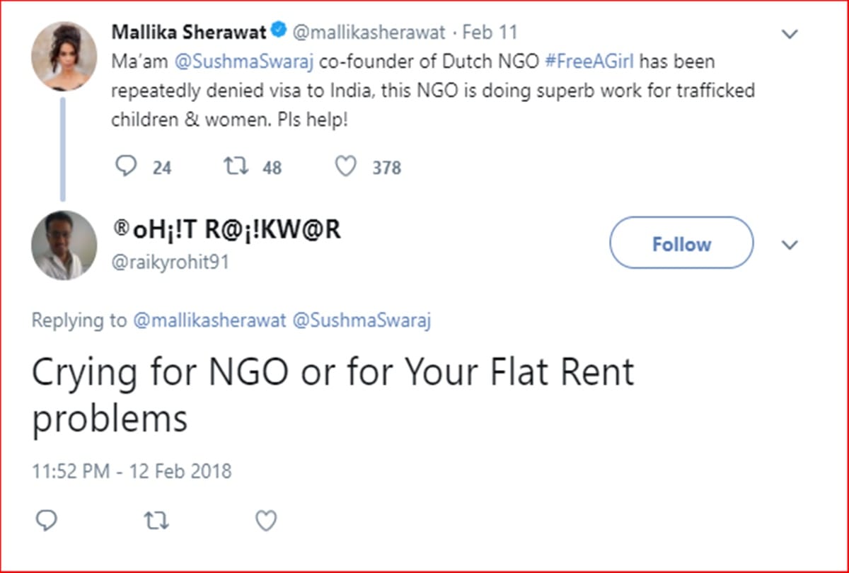 Mallika sherawat asked help of Sushma Swaraj on twitter
