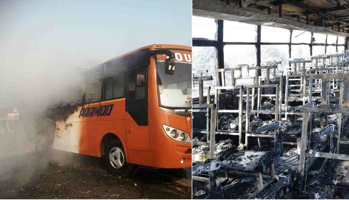 bus caught fire after high tension line touch in mirzapur