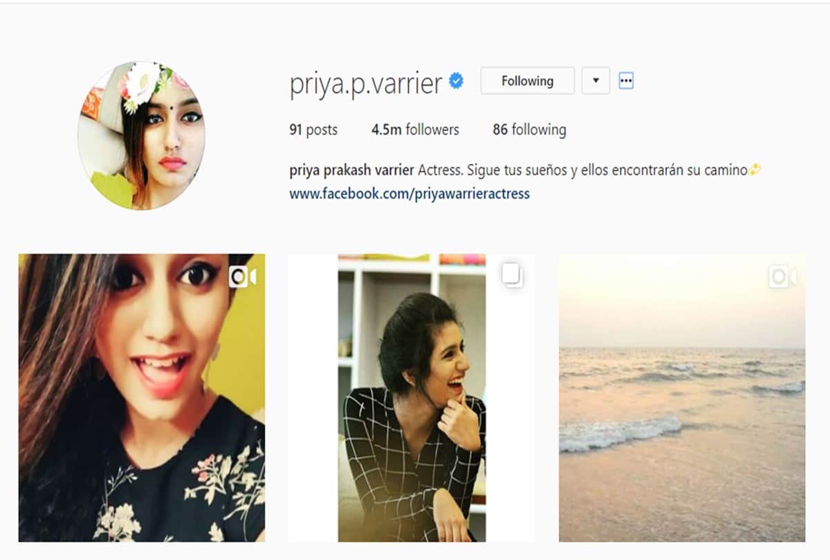 Priya Prakash Varrie has more followers than the owner of Instagram Mark Zuckerberg 