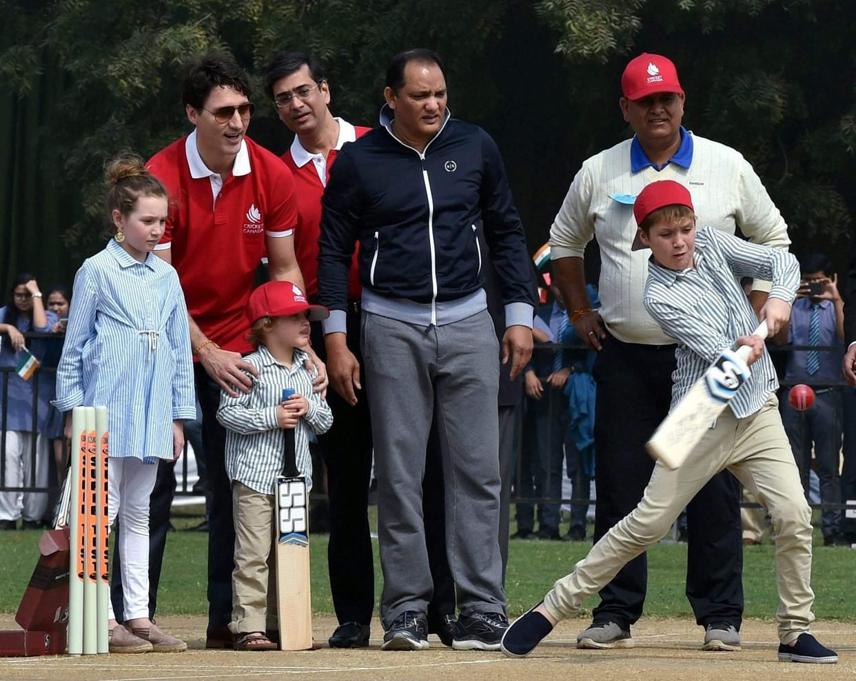 Canadian Prime Minister Justin Trudeau along with his children at a cricket ground in Delhi