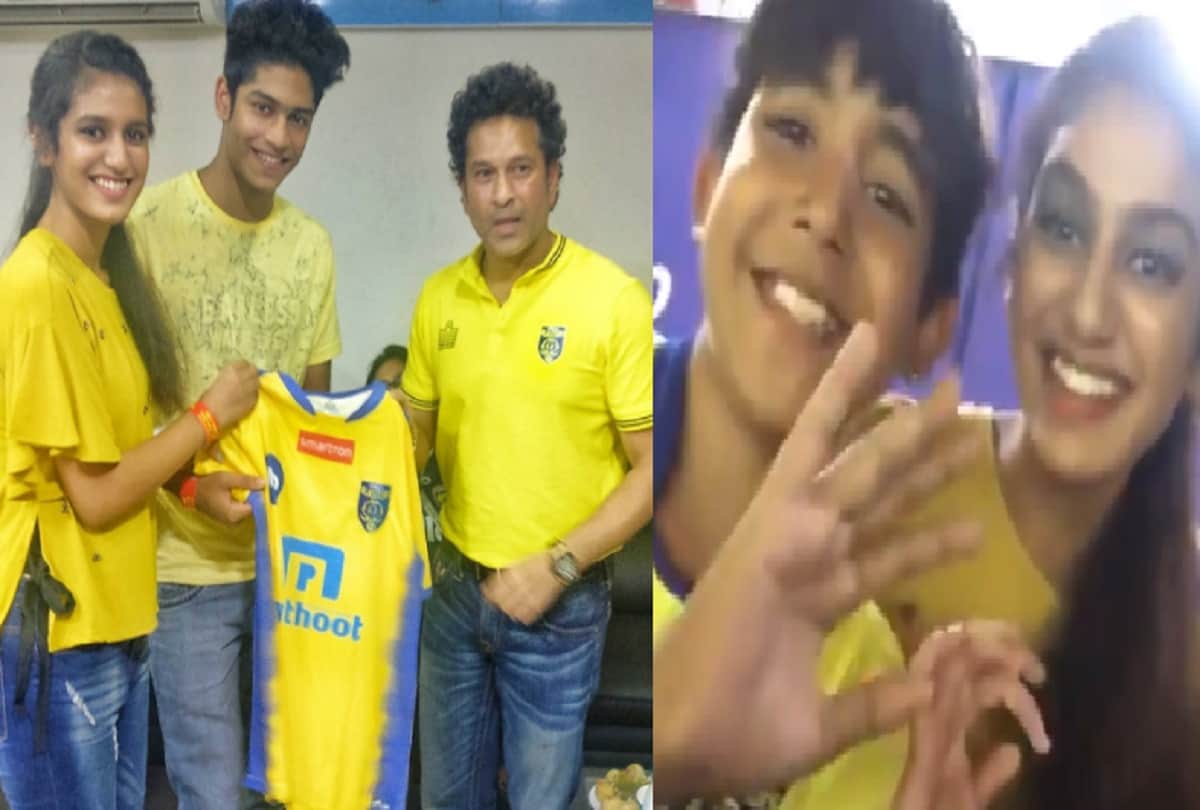 Priya Prakash Varrier and Roshan meets Sachin Tendulkar during Indian Super League match