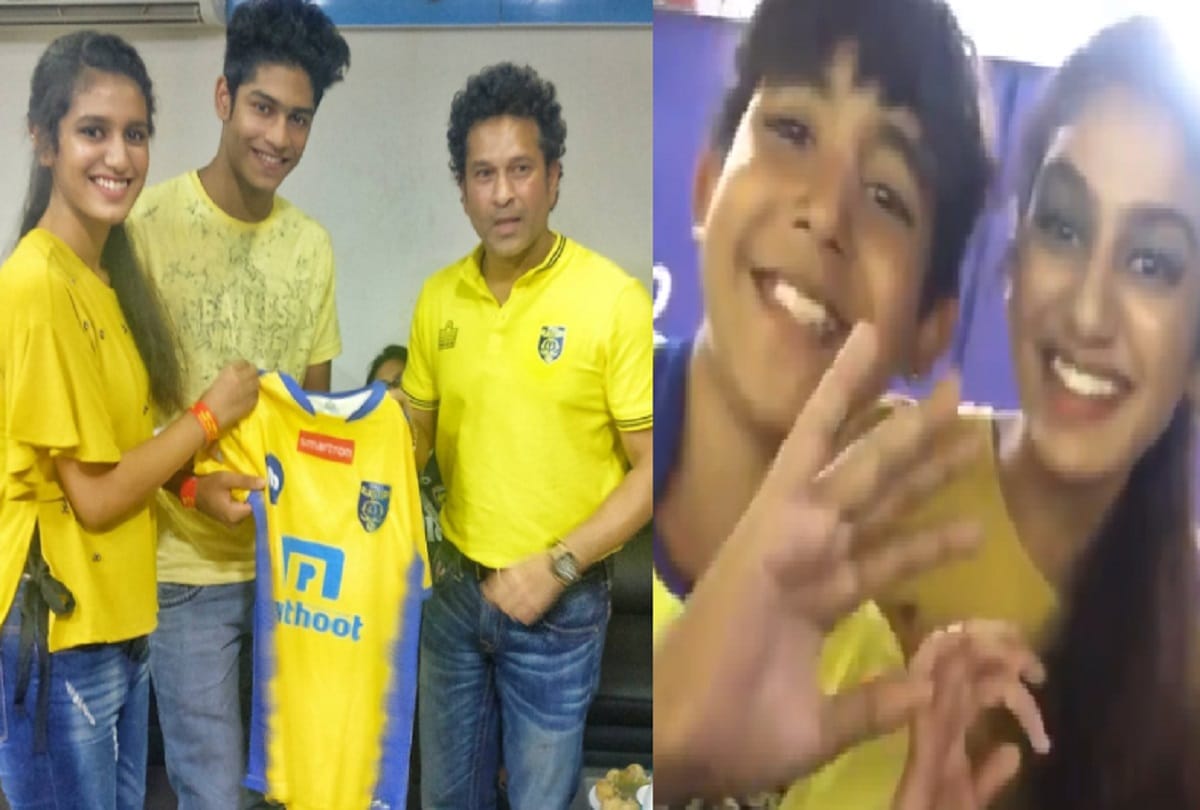 Priya Prakash Varrier and Roshan meets Sachin Tendulkar during Indian Super League match