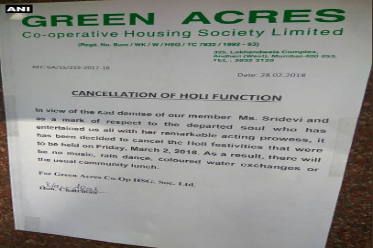 sridevi death: superstar's society green acres cancels holi celebration on 2nd march