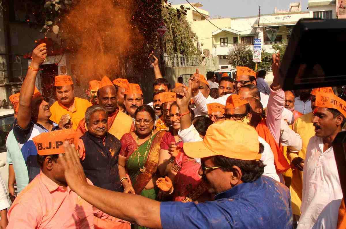 varanasi BJP workers celebrate victory in ,northeast election results