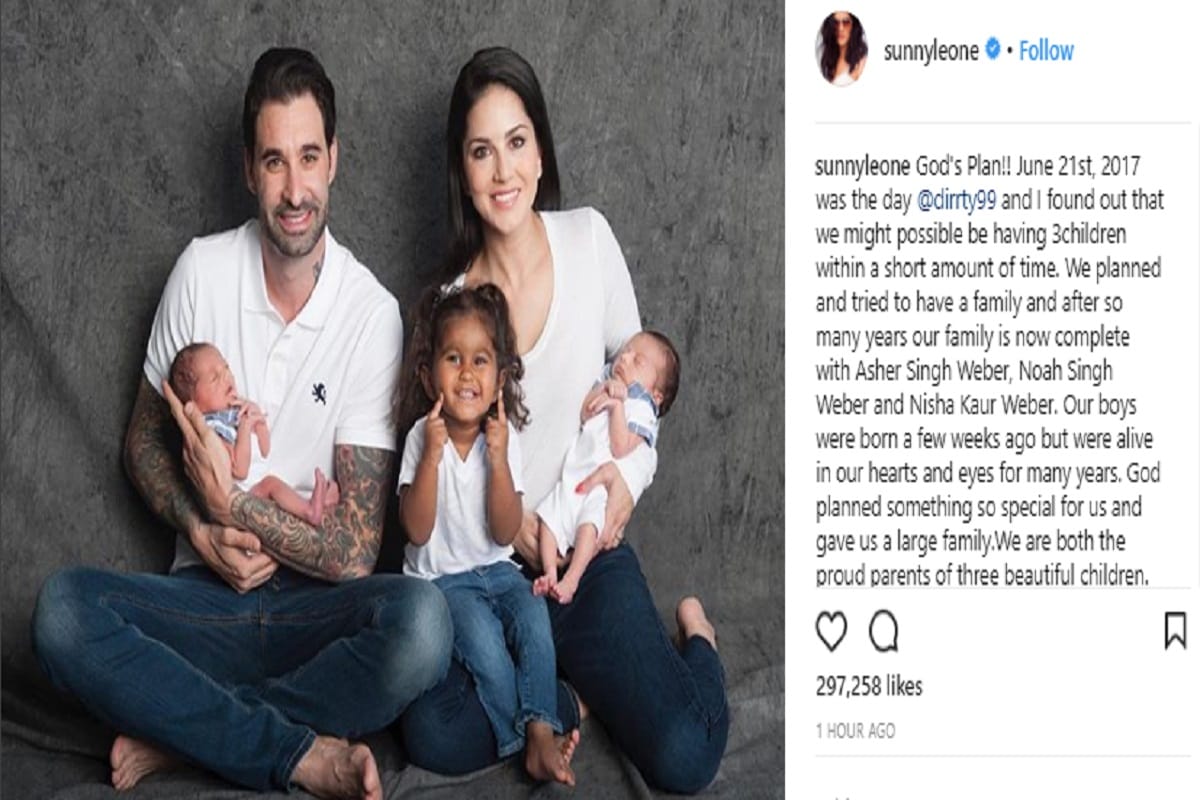Sunny leone and husband daniel weber shared pictures of twin baby by surrogacy
