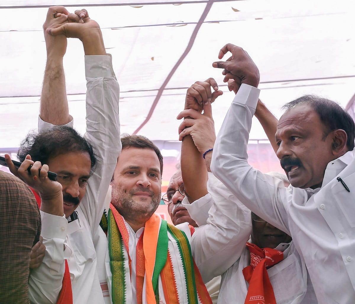 Rahul Gandhi with party members during a protest over the PNB fraud at Parliament