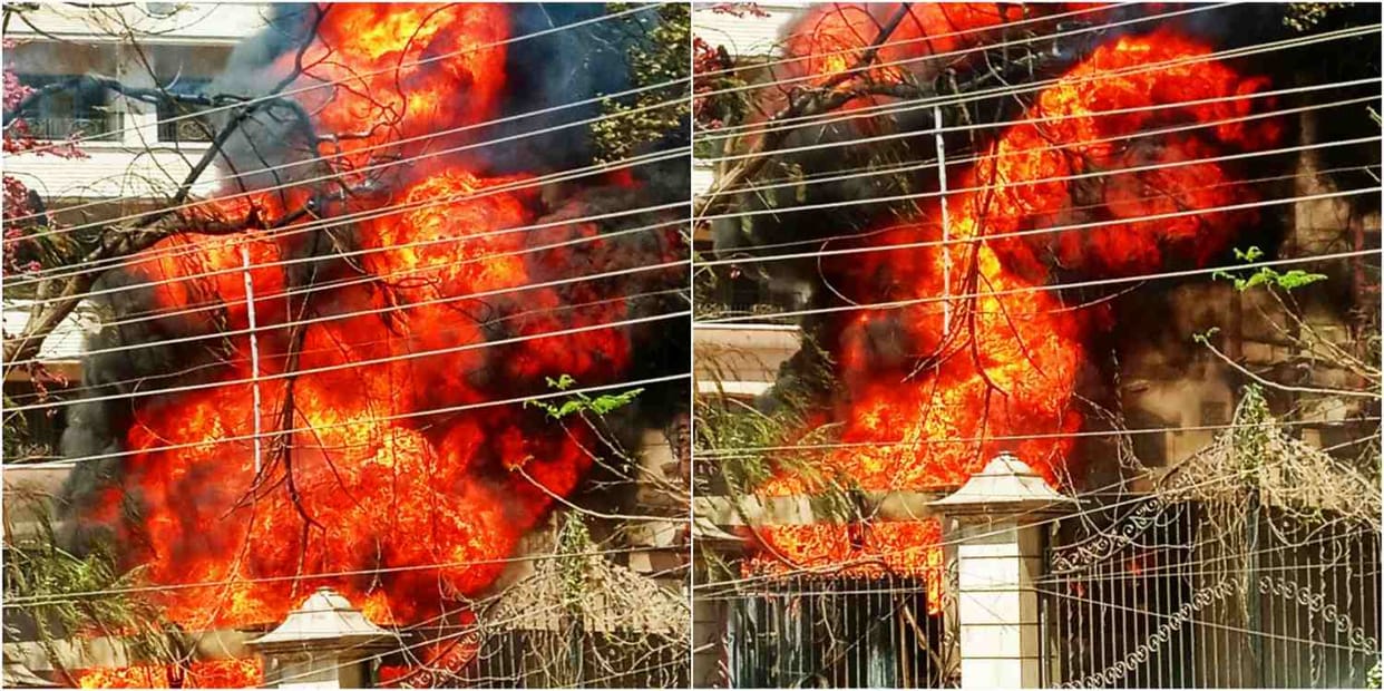 varanasi people run away after blast and fire in transformer
