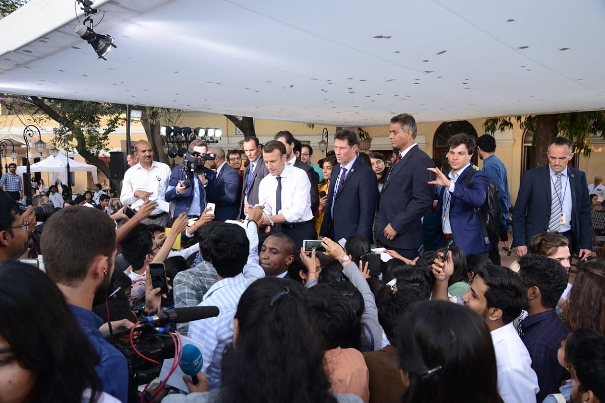 French President Emmanuel Macron interacted with college students at Bikaner House New Delhi