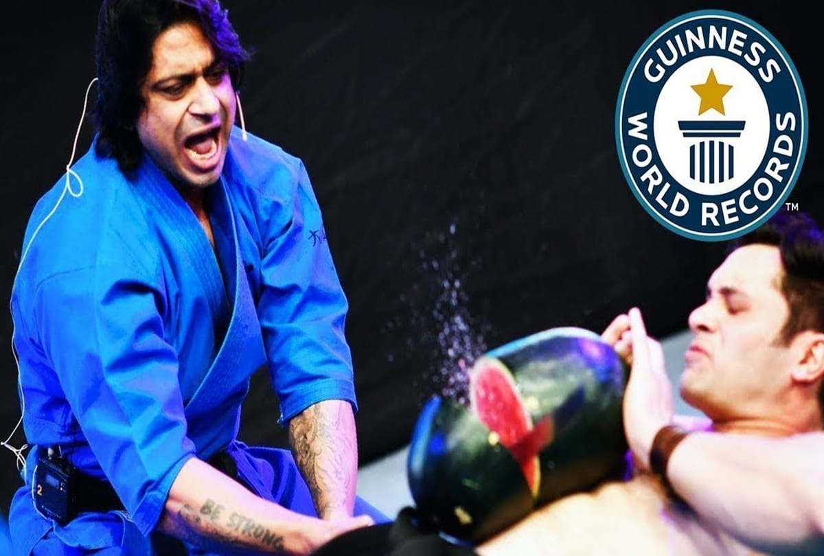 Guinness World Record 49 watermelons chopped on Belly
