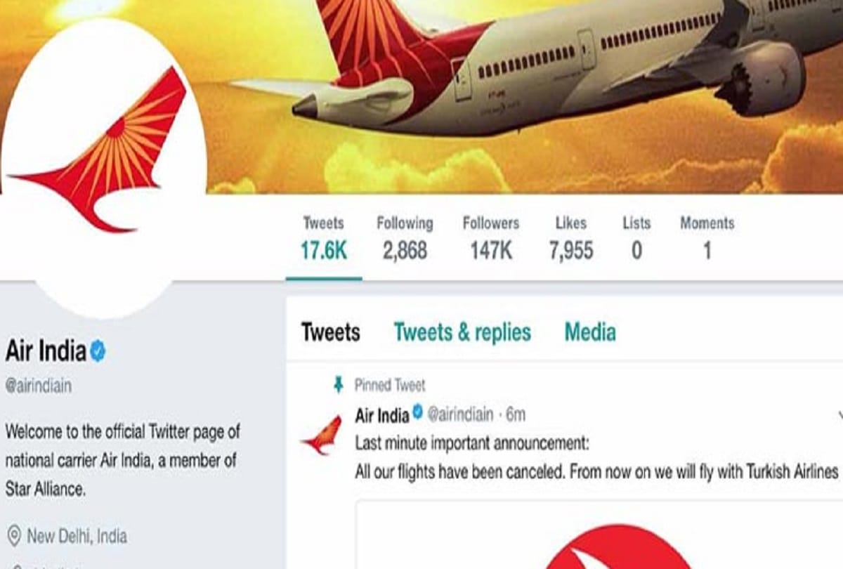 official Twitter handle of national carrier Air India has been hacked