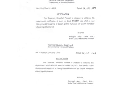 Himachal govt withdraw notifications of polytechnic college Dalash Kullu and Karsog Mandi