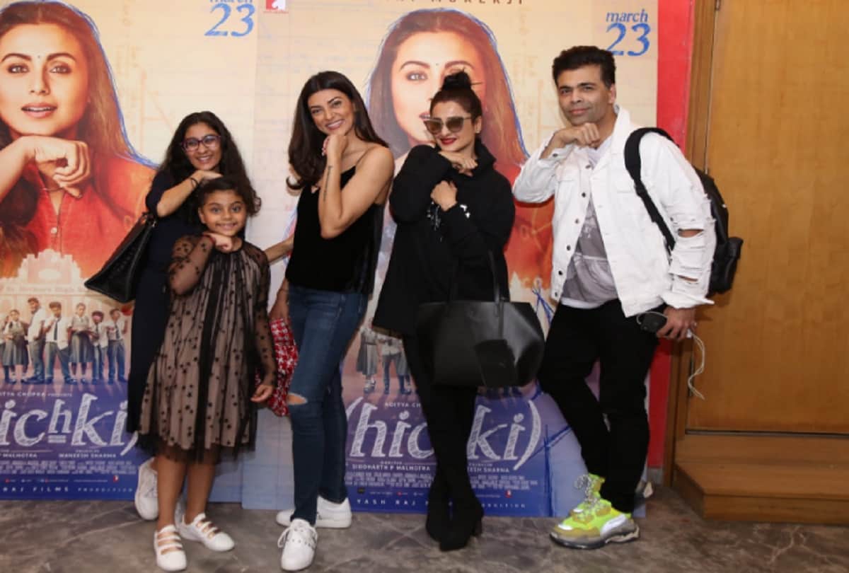 Boney Kapoor Sushmita Sen and Madhuri Dixit spotted Rani Mukerji Hichki film premiere