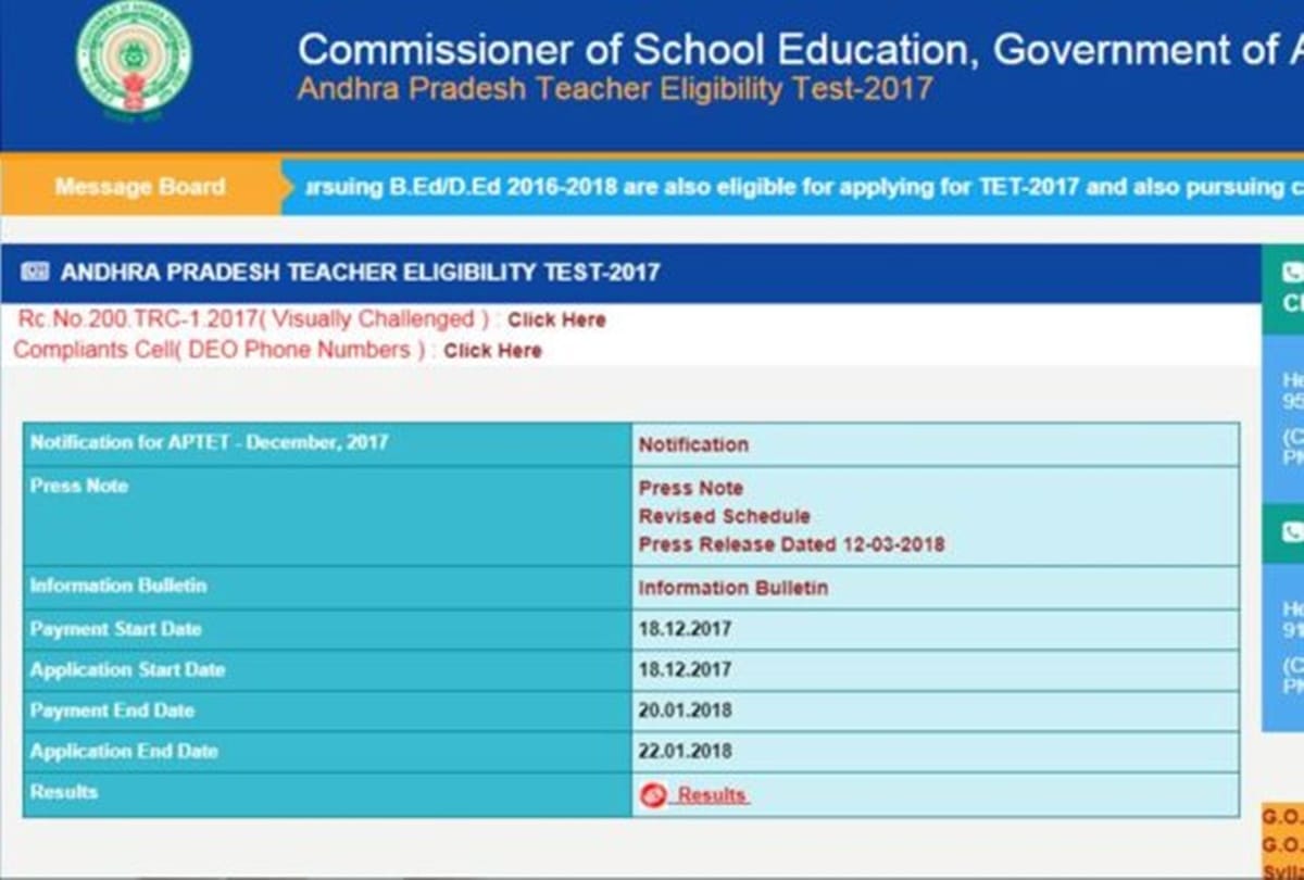 APTET 2018 Results declared steps on how to check results