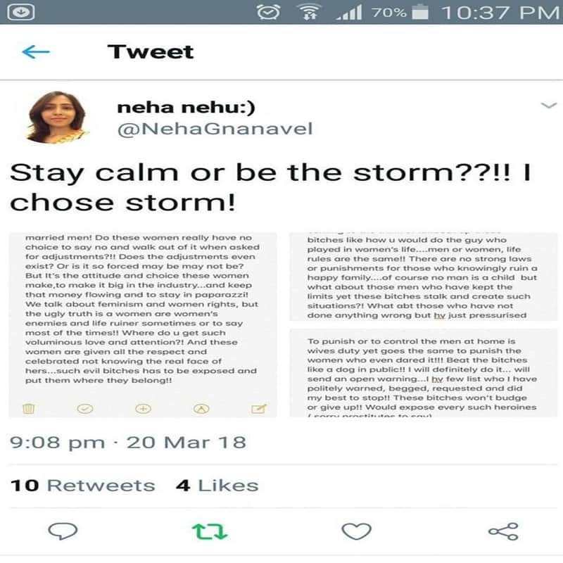  Heroines are worse than prostitutes says Neha gnanvel wife of Singham 3 Tamil director raja