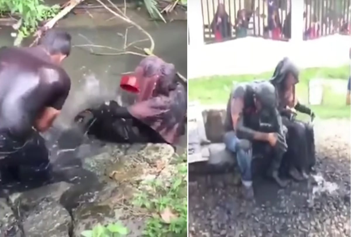 Video being viral of a couple who punished sewage waste dumped on their heads at indonesia
