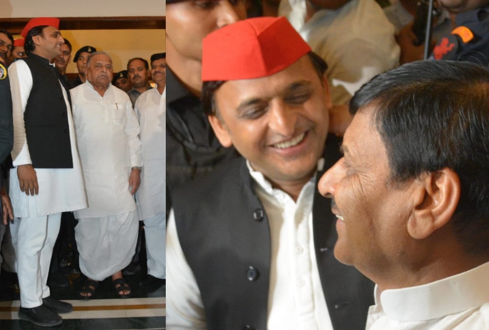 mulayam singh yadav with shivpal singh and akhilesh yadav.
