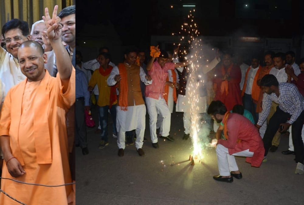 BJP celebrates victory after winning rajyasabha election.