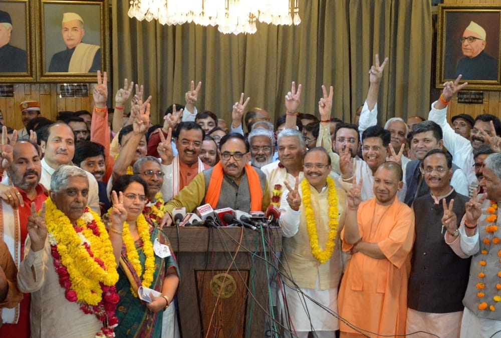 BJP celebrates victory after winning rajyasabha election.