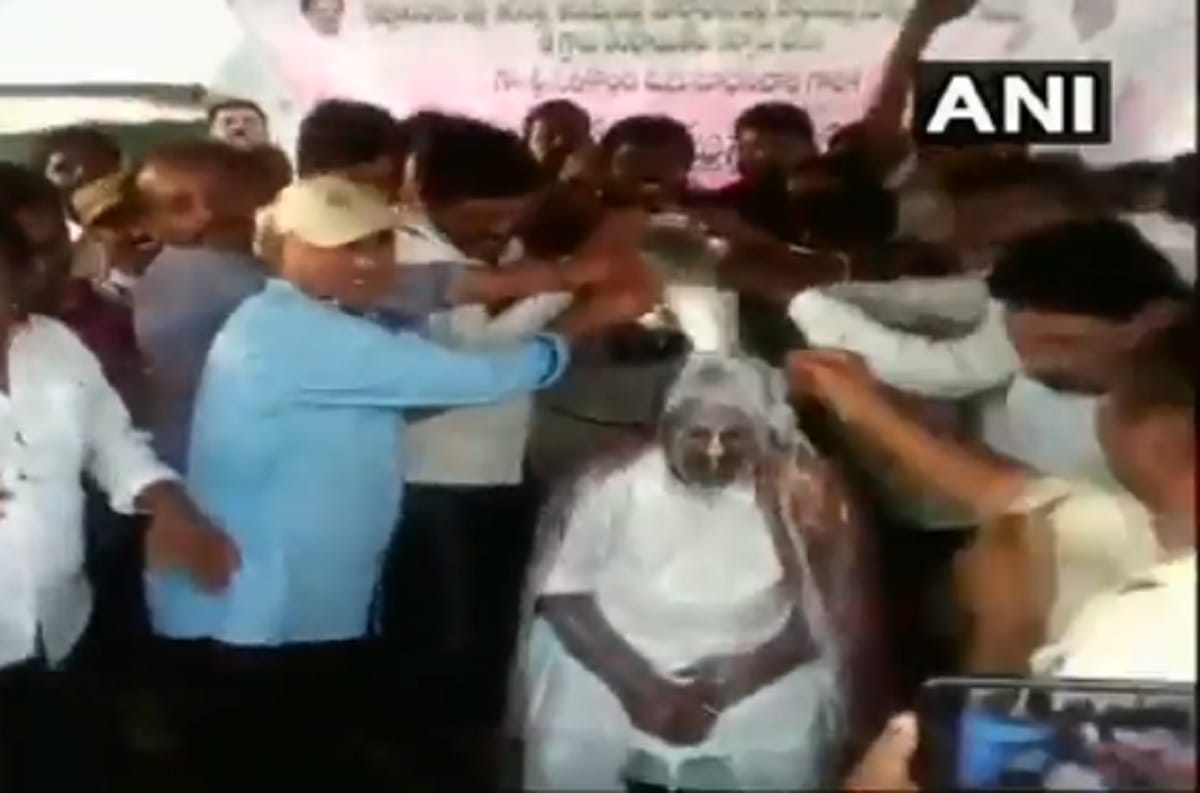 TRS leaders poured Milk on Telangana assembly speaker s Madhusudhana Chary 
