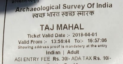 Three hours validity tickets for tourists in tajmahal, Zero value ticket for upto 15 years old child