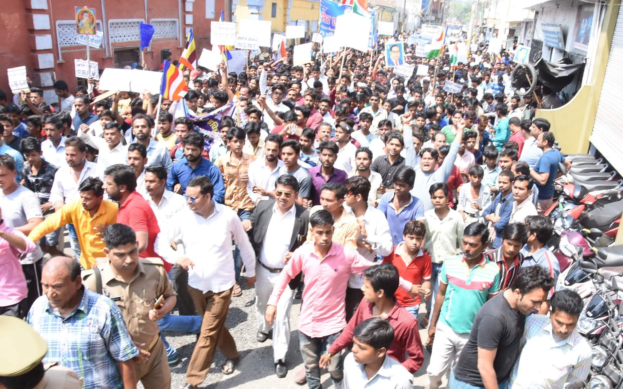 dalit community protest in sambhal shut down the shops shutter