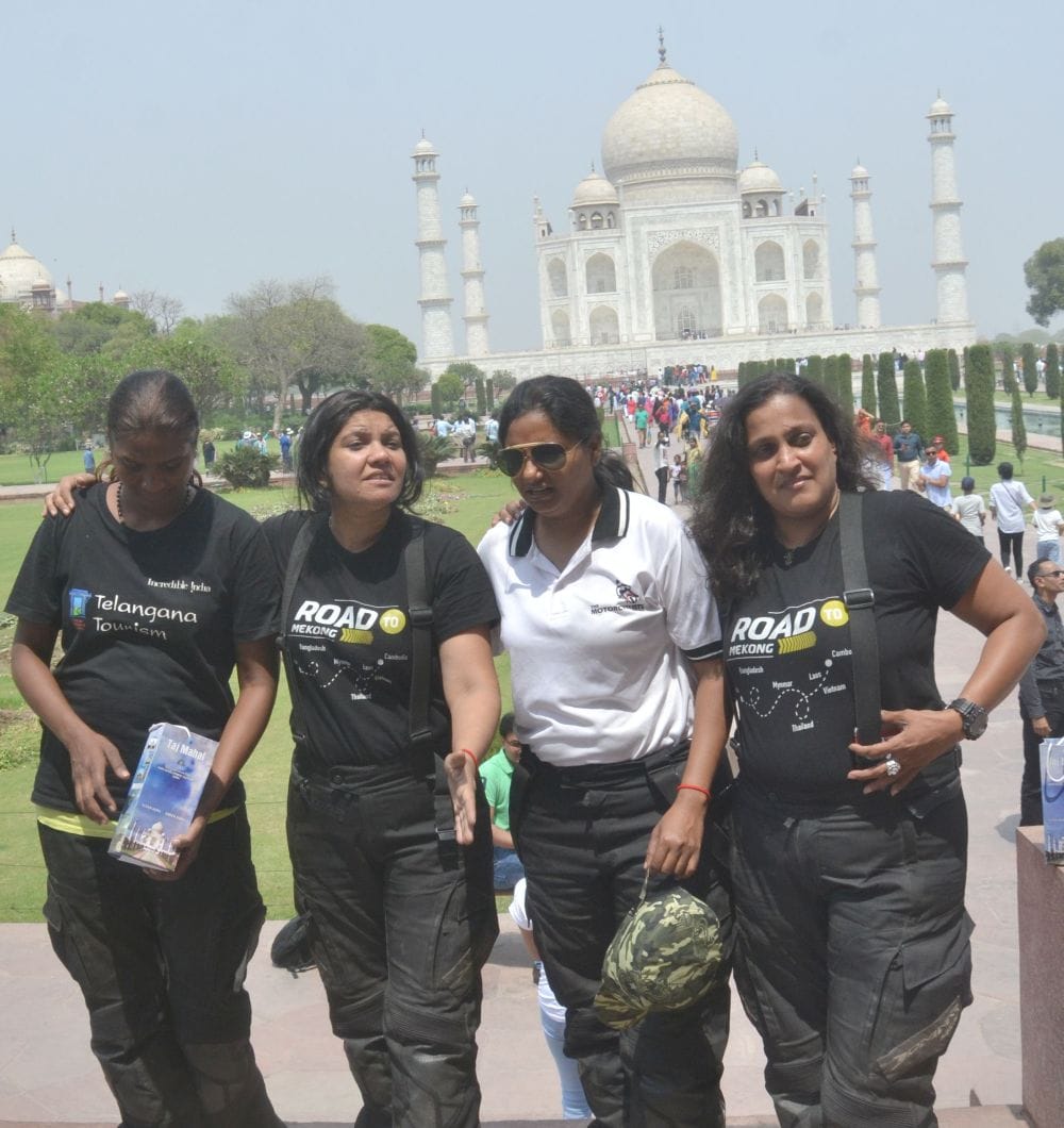 agra women bikers team looked at Taj Mahal