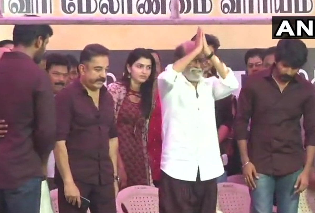 in chennai rajnikant kamal hassan and danush joined protest over cauvery management board