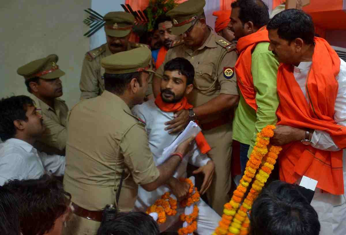 Sampurnanand sanskrit university student union leader protest against deputy CM