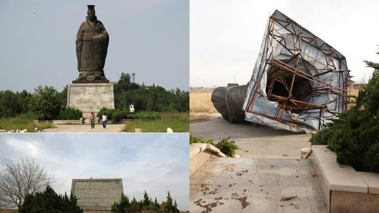 wind has toppled a giant statue of China first emperor Qin Shi Huang