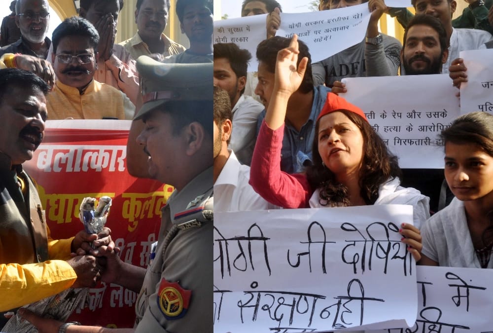 Protest against BJP MlA in lucknow over unnao rape case.