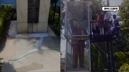 Watch: Congress workers wash BR Ambedkar’s statue with milk in Aligarh