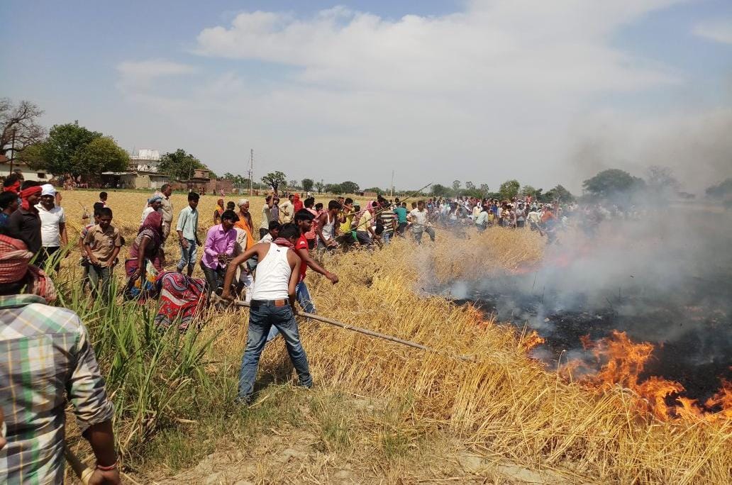 crop caught fire due to high tension line