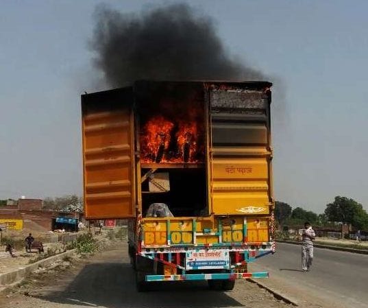 Container put fire on highway two dozen bikes become ash